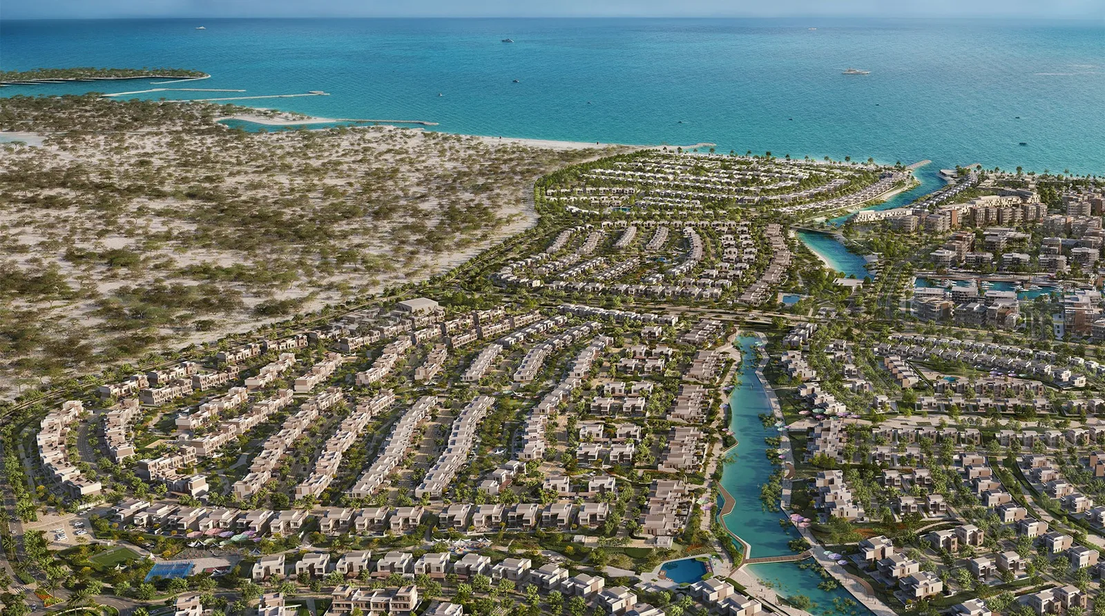 Bayn by ORA masterplan aerial render — lagoons, natural beach and villa districts at Ghantoot on the Dubai–Abu Dhabi border