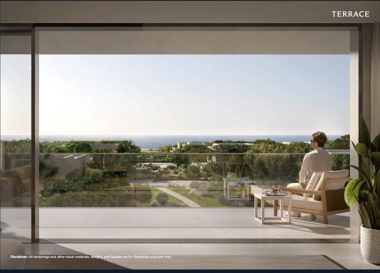Bayn villa terrace with sea view — official ORA brochure render