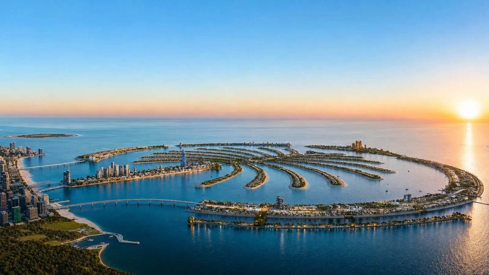 Palm Jebel Ali at maturity — official brochure render of the completed 16-frond island at sunset