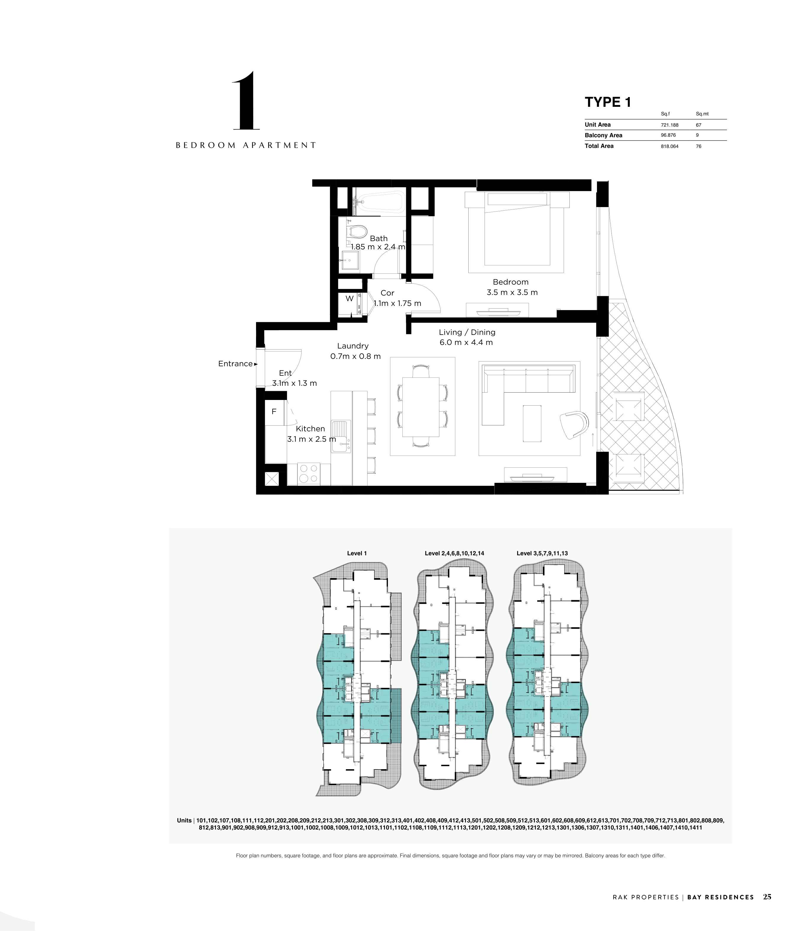 Bay Residences 1-bedroom Type 1 floor plan — Units 1101 and 1001, Building 3