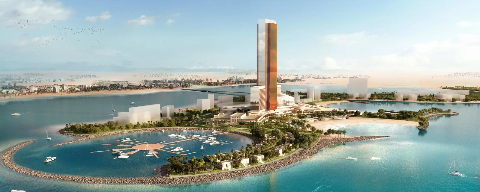 Render of Wynn Al Marjan Island: the 70-storey resort tower, marina and private beach on the man-made island in Ras Al Khaimah