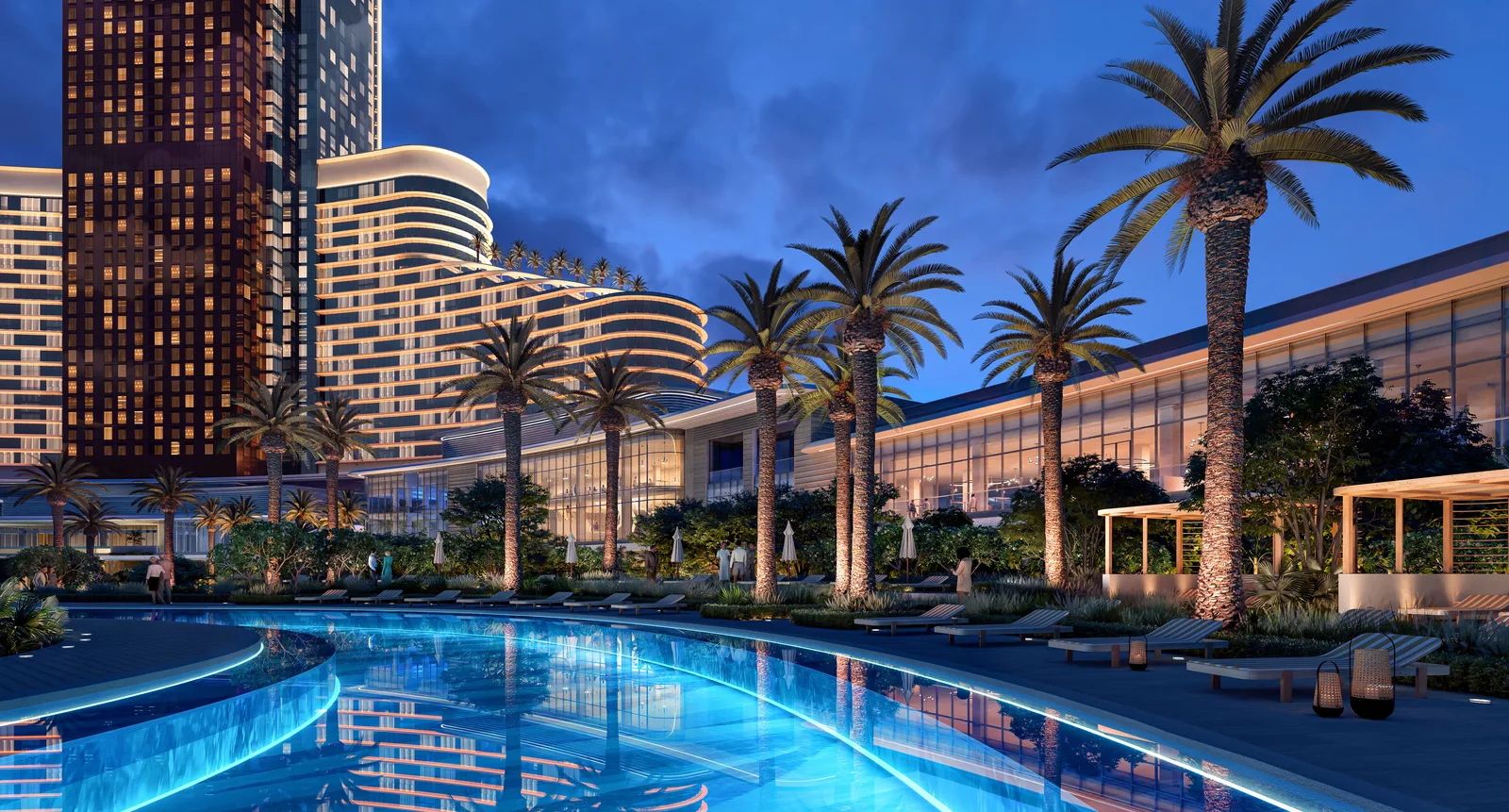 Wynn Al Marjan Island pool deck at dusk with the resort towers behind, render