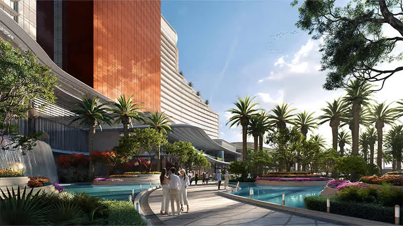 Wynn Al Marjan Island pools and private beach by day, render