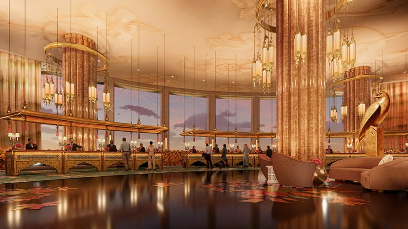 Wynn Al Marjan Island resort reception interior, render